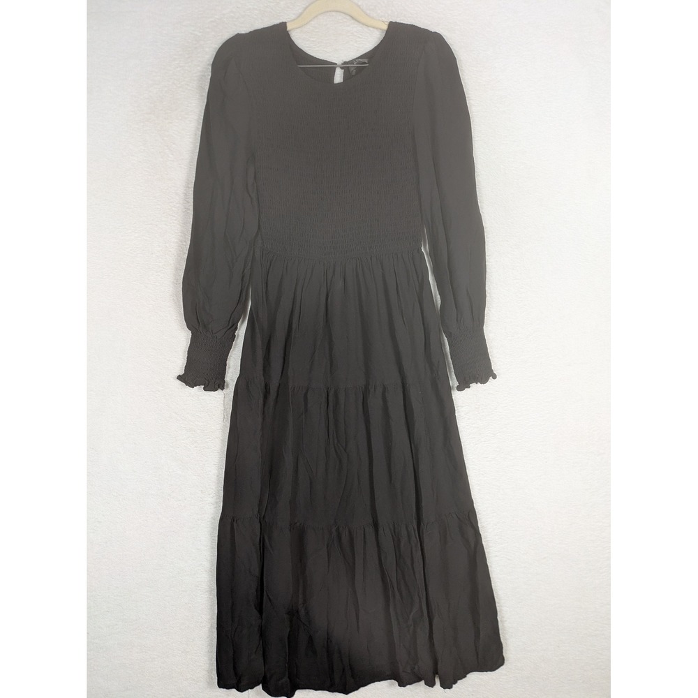 ZESICA Dress Women's Small Black Smocked Tiered Long Sleeve Midi Keyhole Back